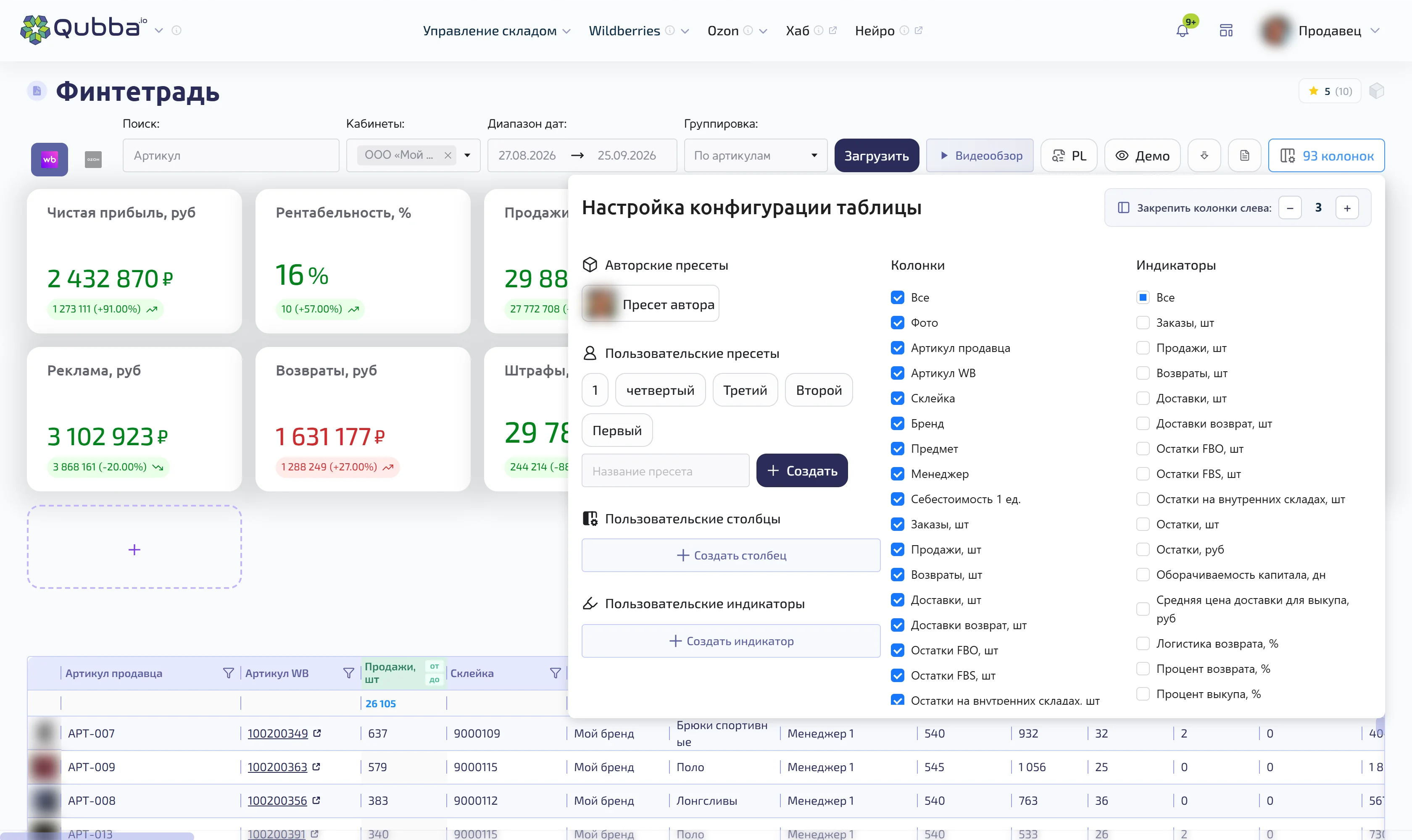 Панель настройки: список показателей для карточек